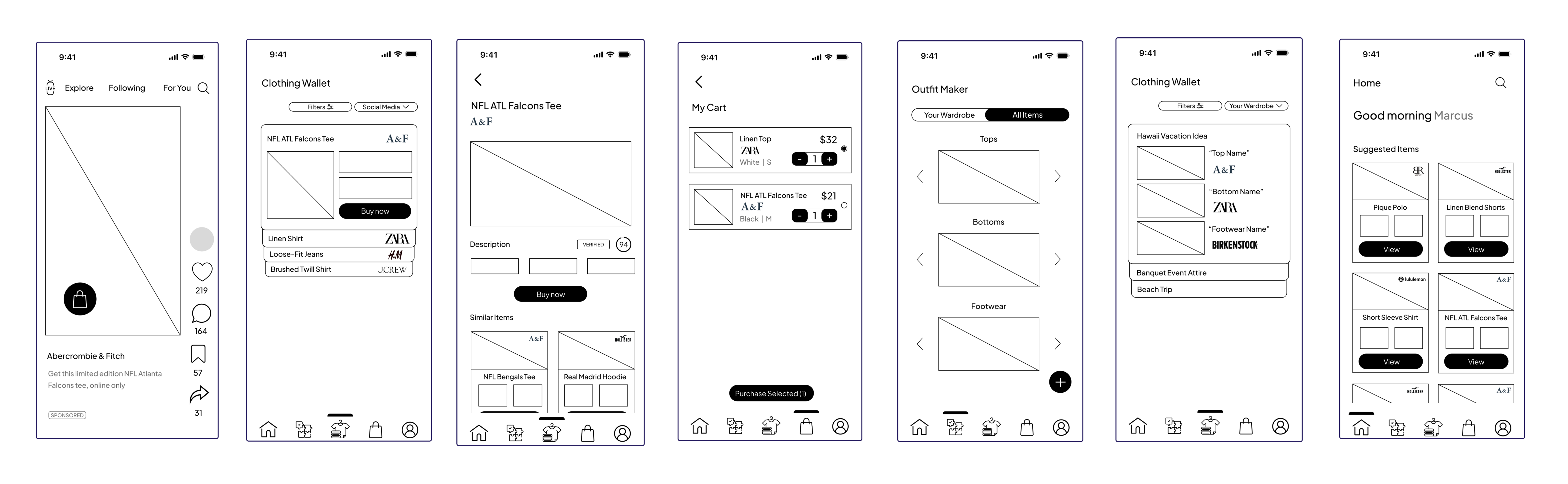 Fitfindr wireframes, from a social post to the wallet, outfit maker, and home